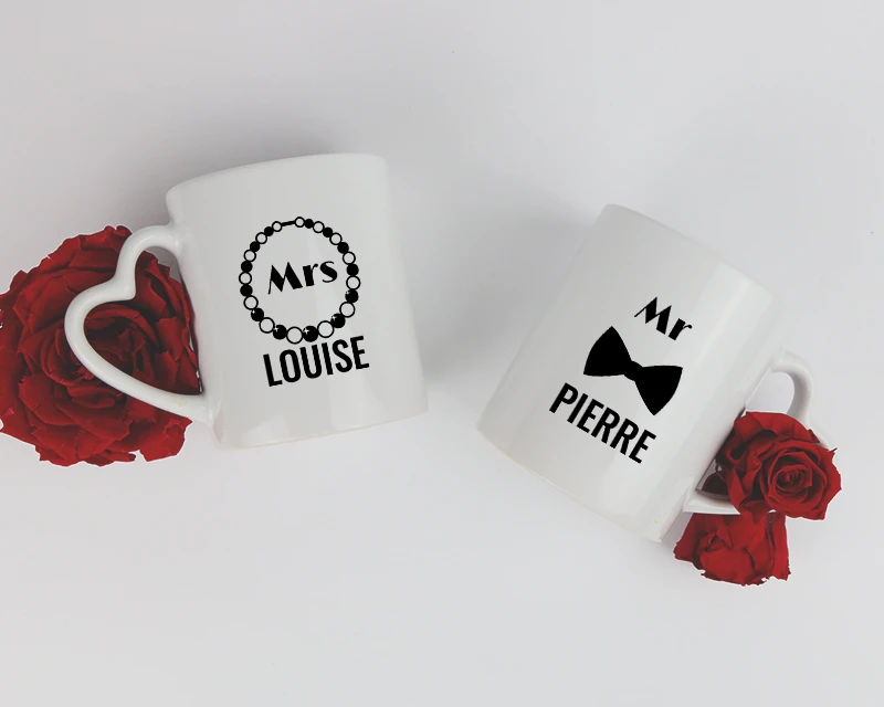 Lot De 2 Mugs Coeurs Personnalisés - Mr & Mrs 1 Lot De 2 Mugs Coeurs Personnalisés - Mr & Mrs