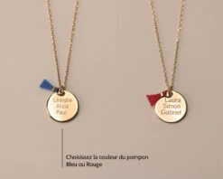 Collier Personnalisé Plaqué Or 18 Carats - Pompon Rouge Ou Bleu