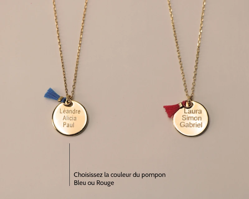Collier Personnalisé Plaqué Or 18 Carats - Pompon Rouge Ou Bleu 1 Collier Personnalisé Plaqué Or 18 Carats - Pompon Rouge Ou Bleu
